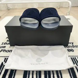 Versace Medusa Head Logo Nubuck Suede Navy Pool Slides Versace Medusa Head Logo Nubuck Suede Navy | Mercari main image 3